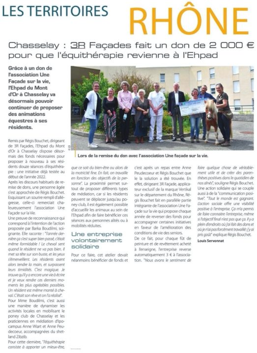 3R-FACADES fait un don de 2000€ à l&rsquo;Ehpad du Mont d&rsquo;Or à Chasselay (69380)